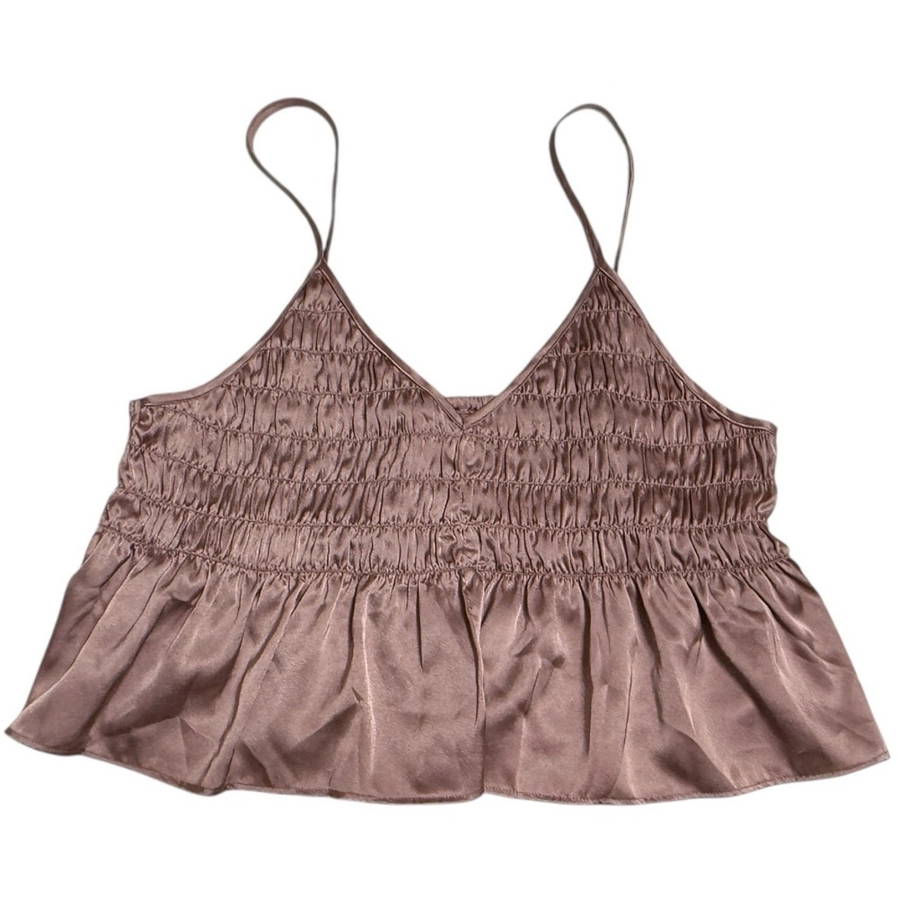 Urban Outfitters Cleo Top LARGE Mauve Smocked Ruffle Peplum‎ Satin Tank Cami